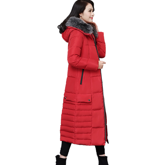 Hooded Padded Jacket with Fur Collar and Color Block