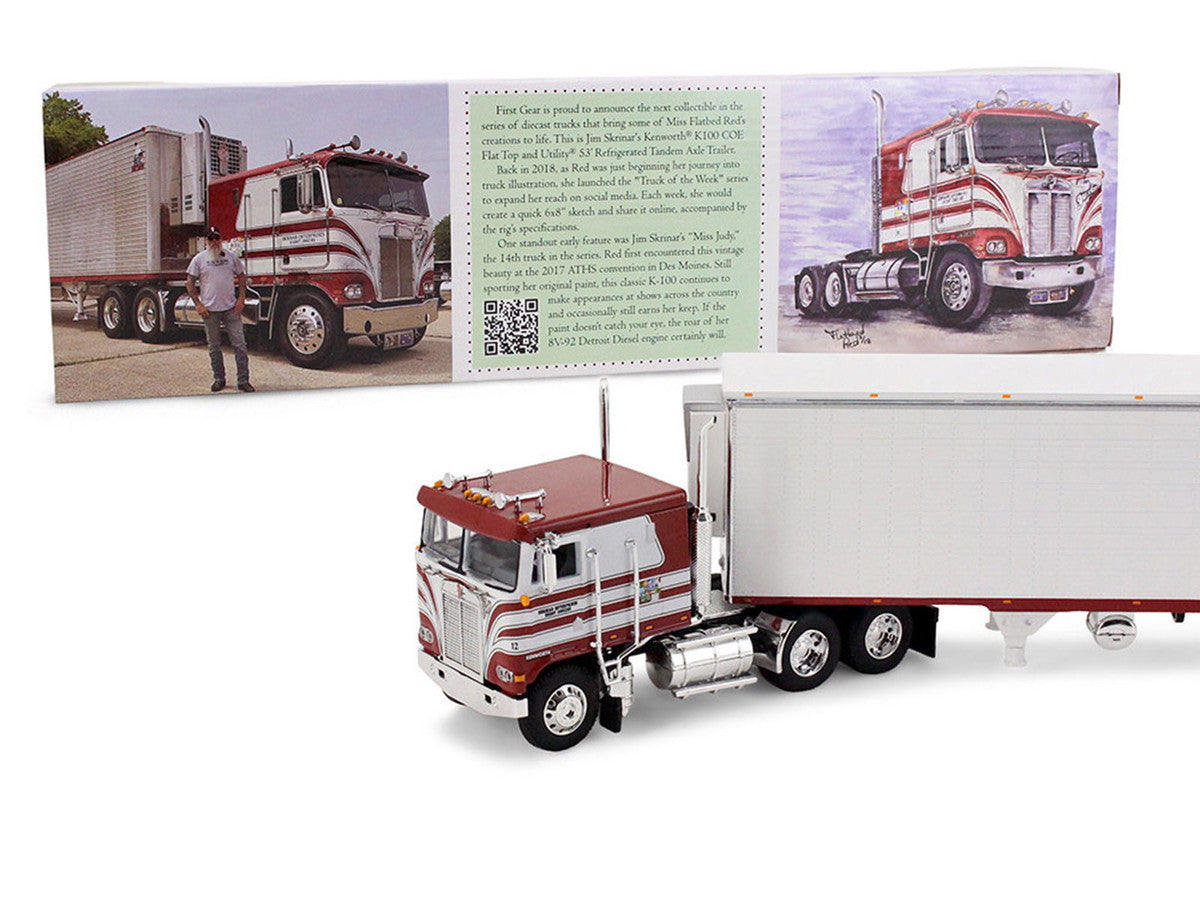 Kenworth K100 COE Flat Top and 53' Utility Trailer with Reefer "Red's Favorites - Jim Skrinar" Red with White Stripes 1/64 Diecast Model by DCP/First Gear