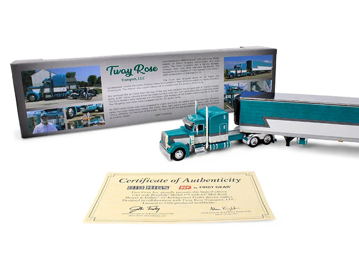 Peterbilt 379 with 63" Mid-Roof Sleeper and 53' Utility Trailer with Reefer "Tway Rose Transport" Teal and White with Stripes "Big Rigs" Series II #5 1/64 Diecast Model by DCP/First Gear