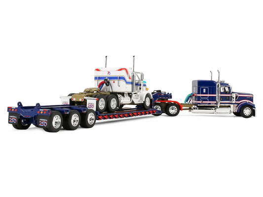 Kenworth W900L with 72" Aerocab Flat Top Sleeper Blue with White Stripes and Fontaine Magnitude Lowboy Trailer with Kenworth W900A Load White with Blue and Red Stripes "America 250" 1/64 Diecast Model by DCP/First Gear