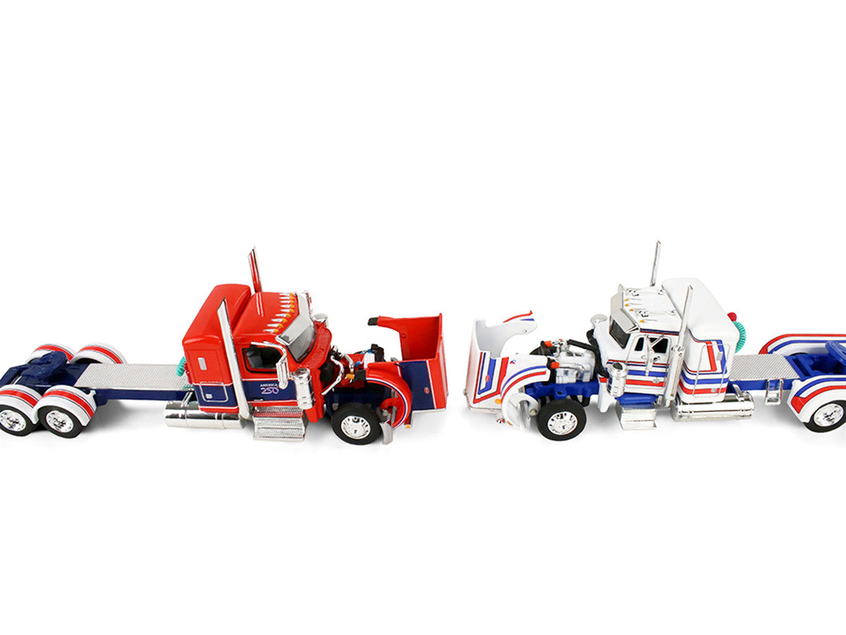 Peterbilt 589 with 44" Flat Top Sleeper Red with Blue Stripes and Fontaine Renegade LXT40 Lowboy Trailer with Peterbilt 359 Load White with Blue and Red Stripes "America 250" 1/64 Diecast Model by DCP/First Gear