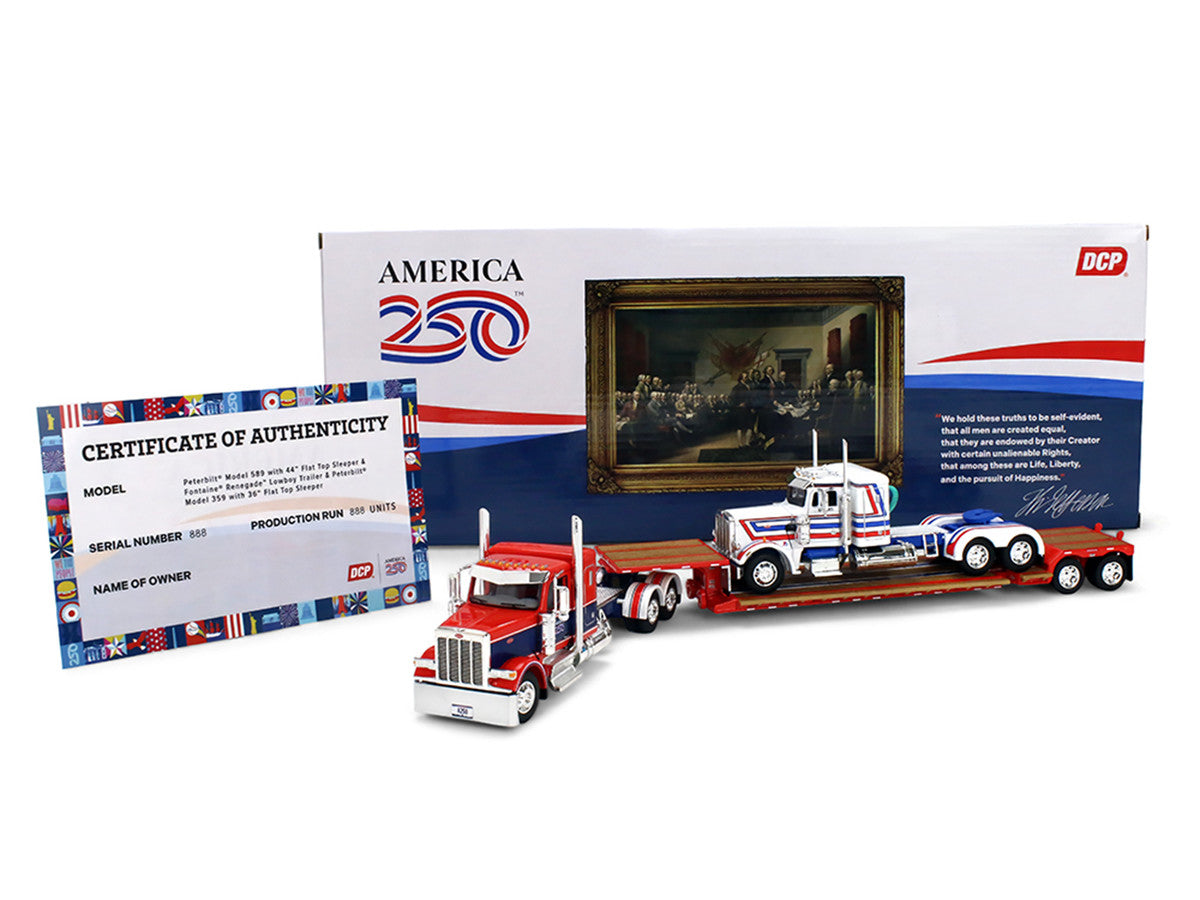 Peterbilt 589 with 44" Flat Top Sleeper Red with Blue Stripes and Fontaine Renegade LXT40 Lowboy Trailer with Peterbilt 359 Load White with Blue and Red Stripes "America 250" 1/64 Diecast Model by DCP/First Gear