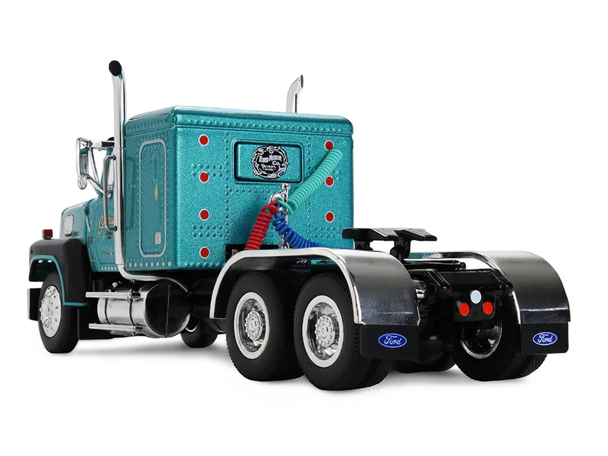 Ford LTL 9000 with 48" Flat Top Sleeper and 53' Utility Trailer with Reefer "Red’s Favorites - Tom Sercombe" Turquoise Metallic 1/64 Diecast Model by First Gear