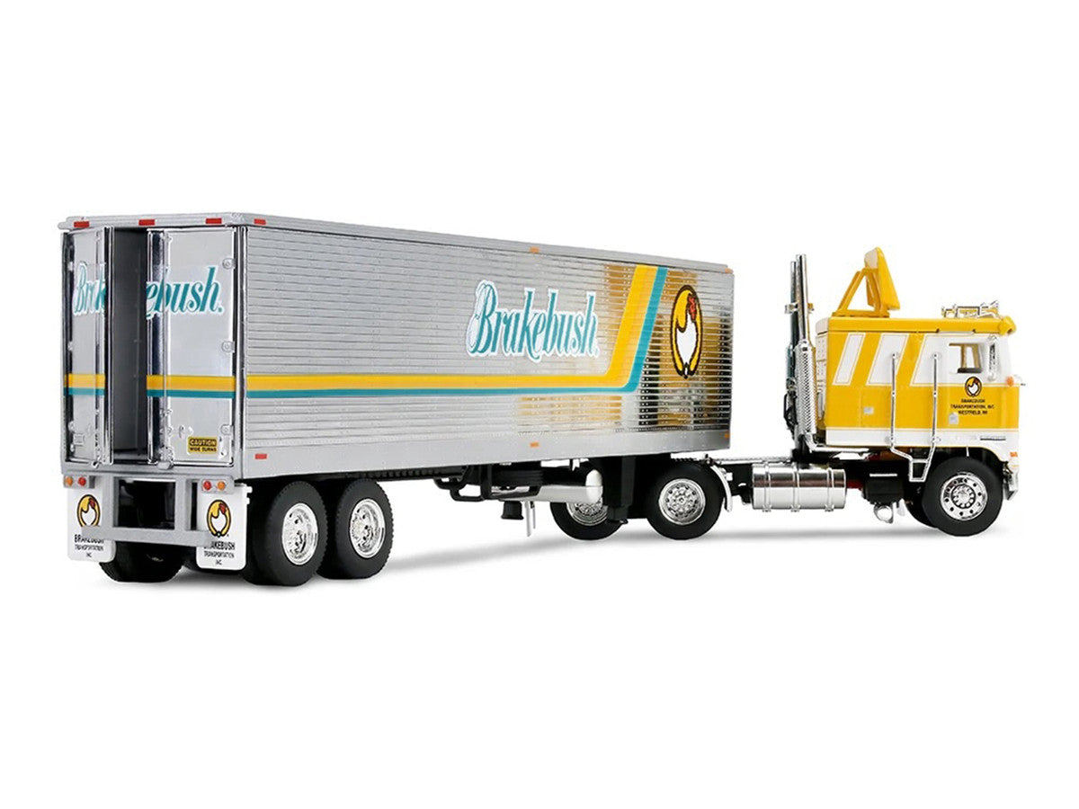 Kenworth K100 COE Flat Top and 40' Vintage Trailer with Reefer "Brakebush" Yellow with White Grpahics "Legacy Series #6" 1/64 Diecast Model by First Gear