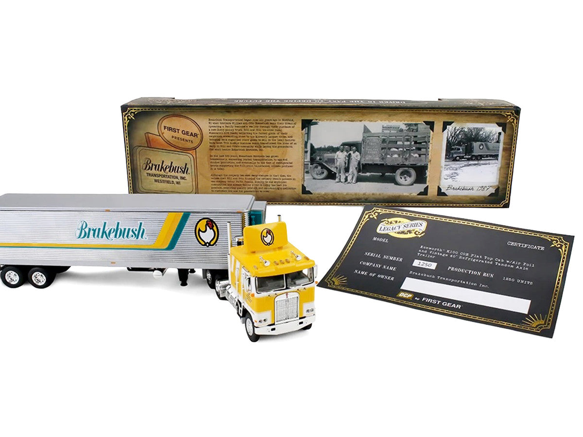 Kenworth K100 COE Flat Top and 40' Vintage Trailer with Reefer "Brakebush" Yellow with White Grpahics "Legacy Series #6" 1/64 Diecast Model by First Gear