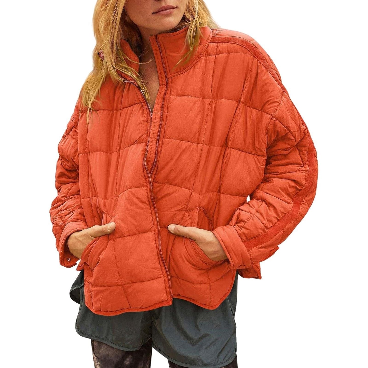 Winter Zip-up Stand Collar Coat With Pockets Fashion Solid Color Plaid Long Sleeved Jacket Women's Clothing