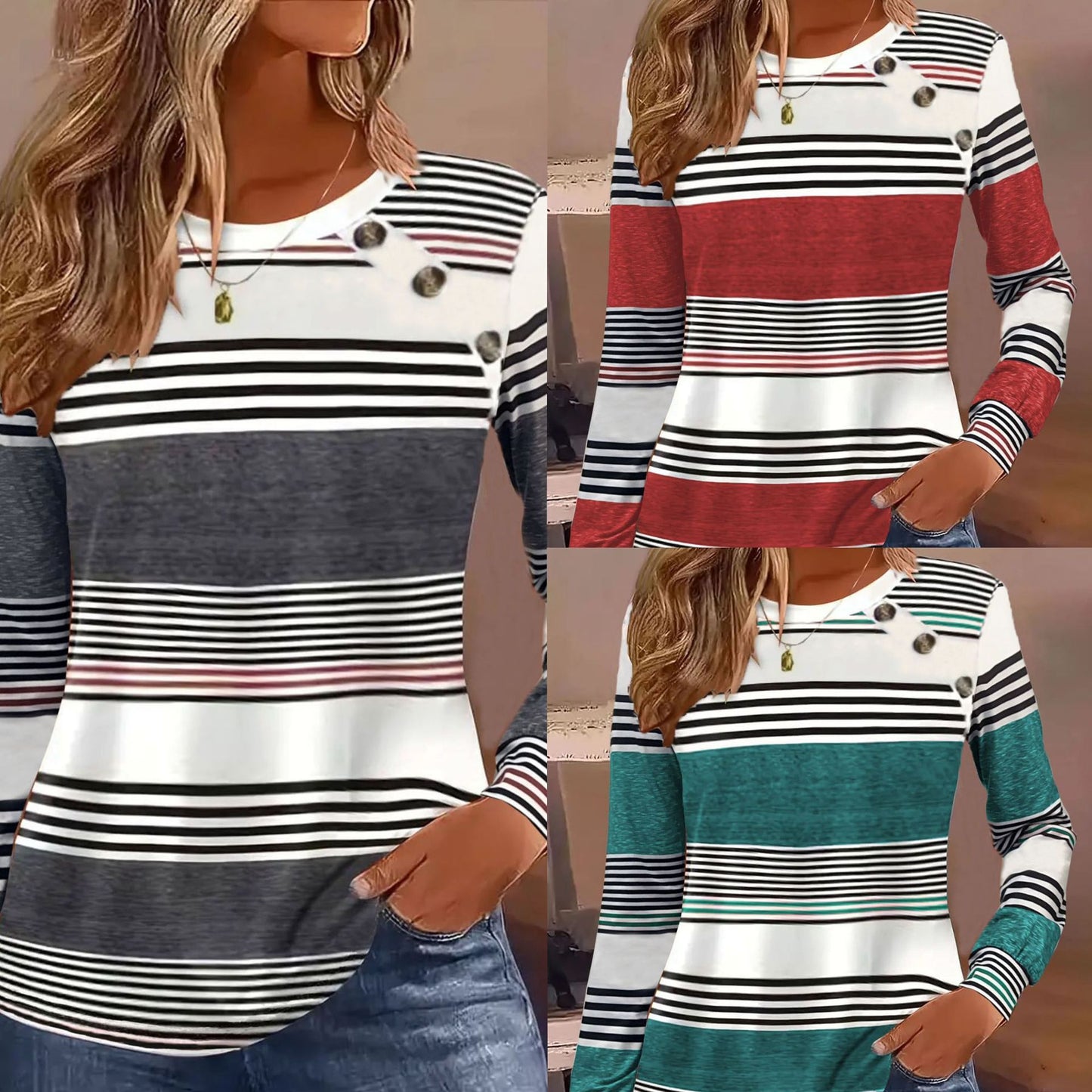 Casual Button Striped Long Sleeve Women's T-shirt