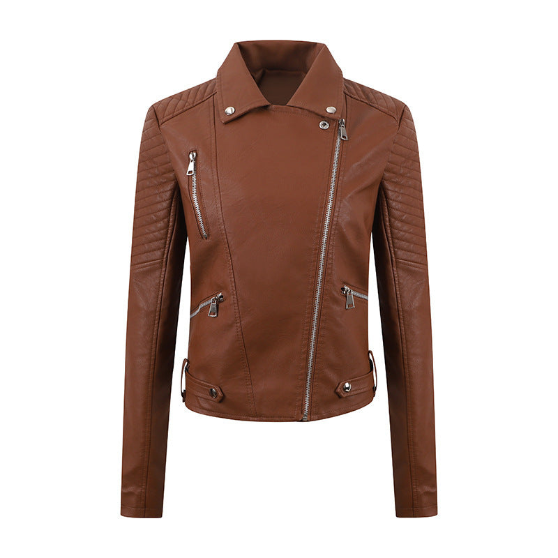 Women's Distressed PU Motorcycle Jacket - Slim Fit Biker Coat with Adjustable Belt (Black/Chocolate/Wine Red/Milky White, M-XXL)