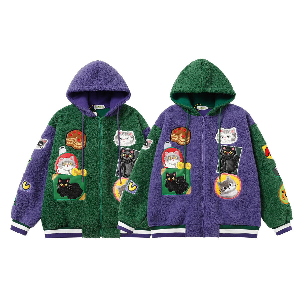 Lamb Wool Stitching Contrast Color Cartoon Cloth Embroidered Cotton-padded Coat