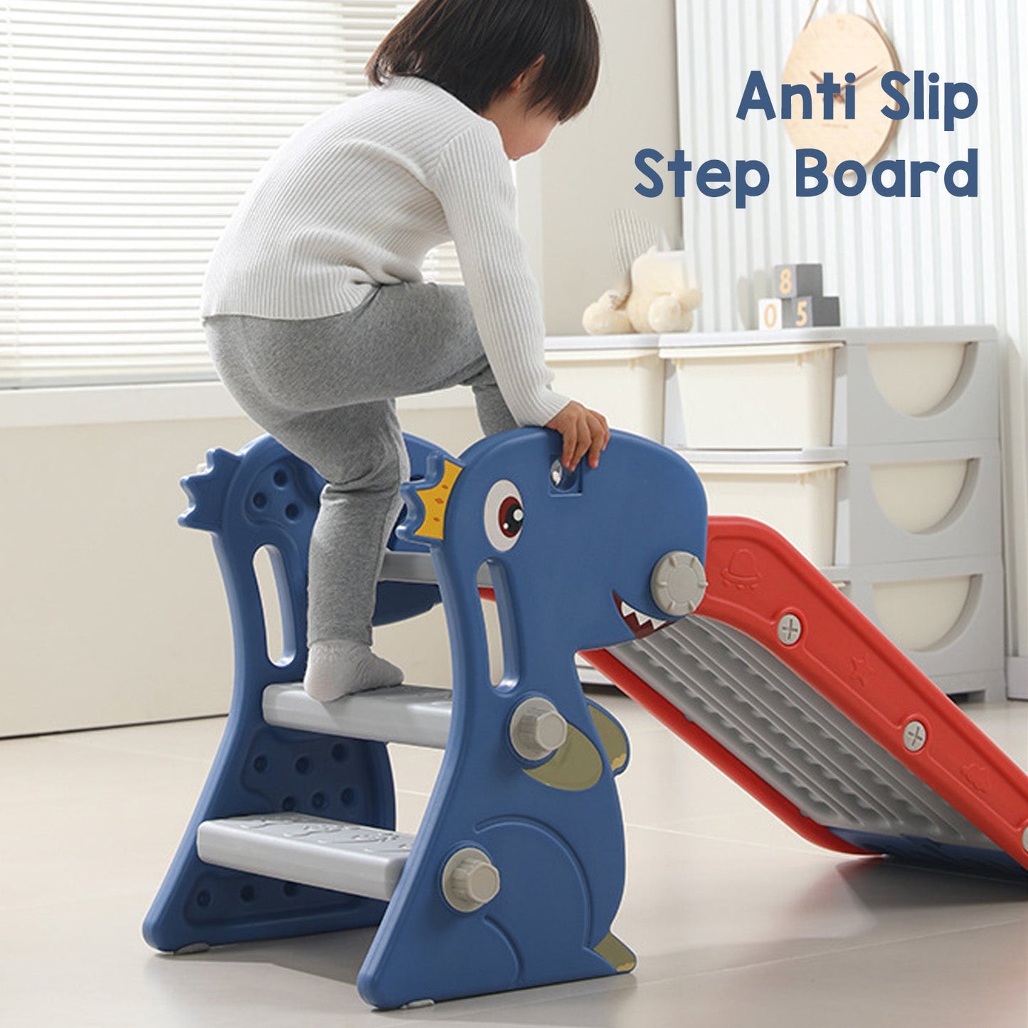 Toddler Indoor Slide For 0 To 3 Years Old Easy Assembly Dinosaur Shape Foldable Slide With Basketball Hoop Stairs Blue