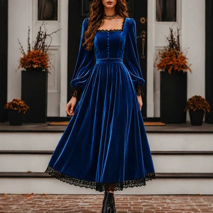 Square-neck Lace-panel Velvet Dress