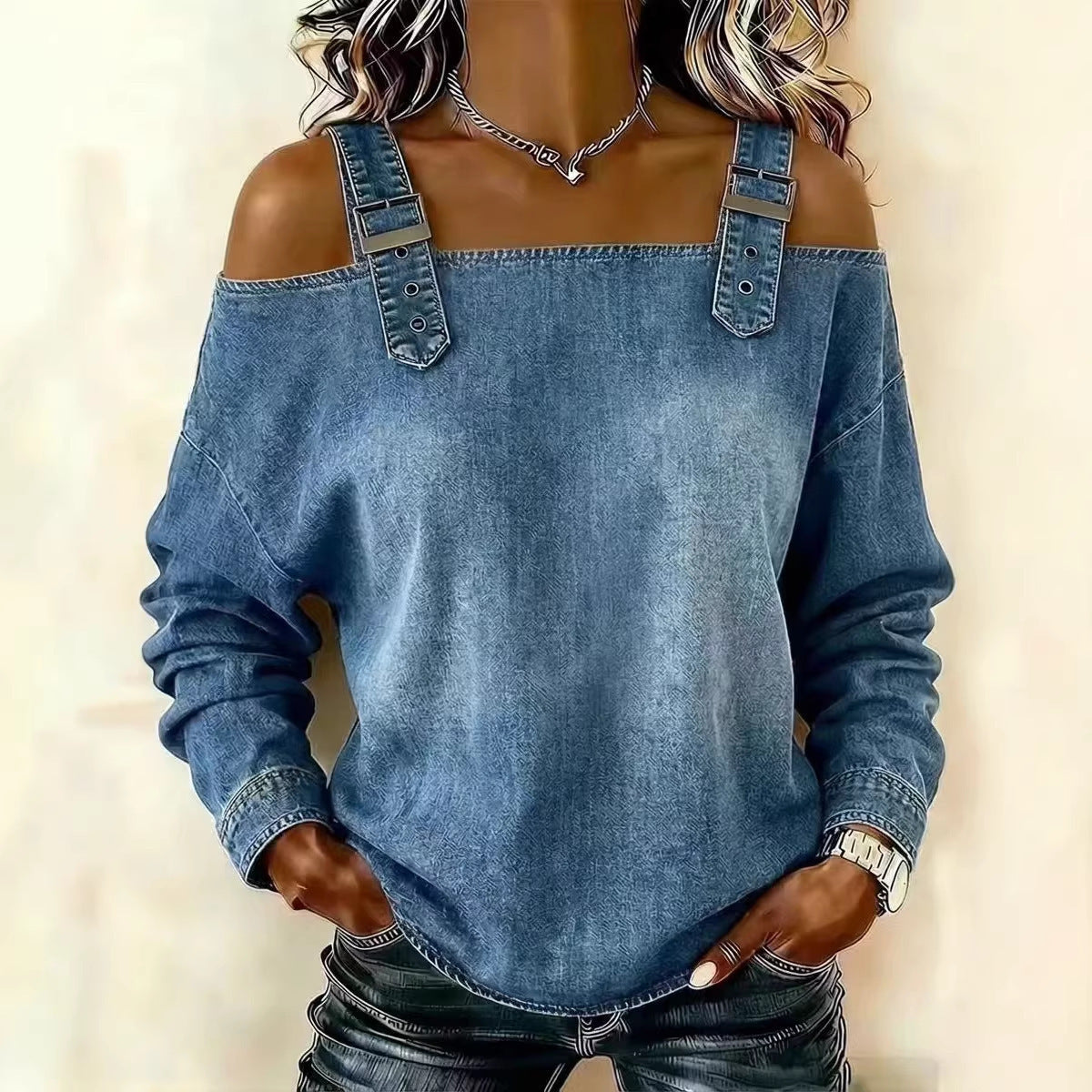 Halter-neck Off-shoulder Long-sleeve Top