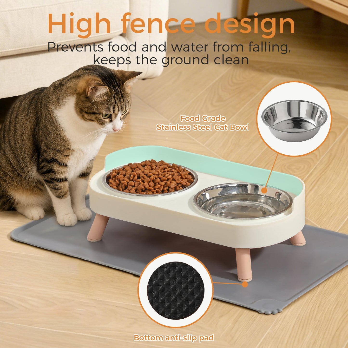 Elevated Cat Bowls Set - Raised Cat Food And Water Bowl Set With Non Slip Stand - Pet Feeding Station With 2 Stainless Steel Bowls