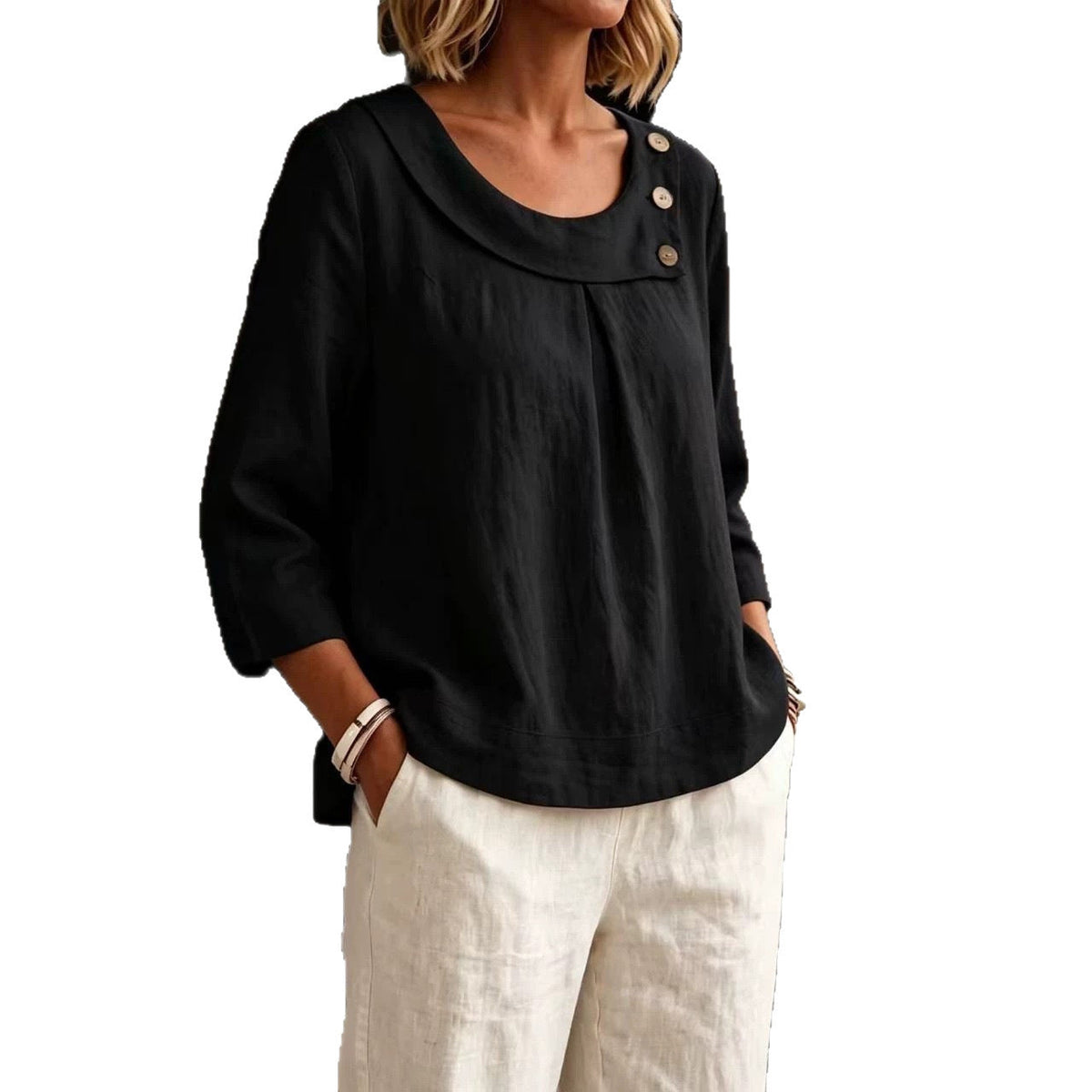 Casual Round-neck Shirt, Loose-fitting Top For Women