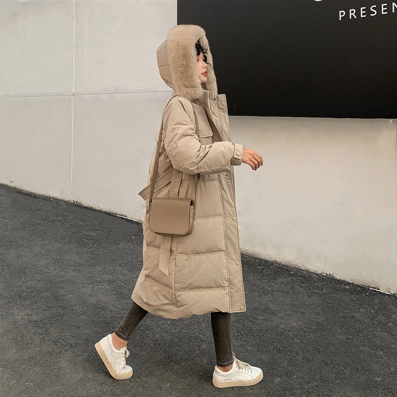 Korean Long Down Jacket with Fur Collar for Women