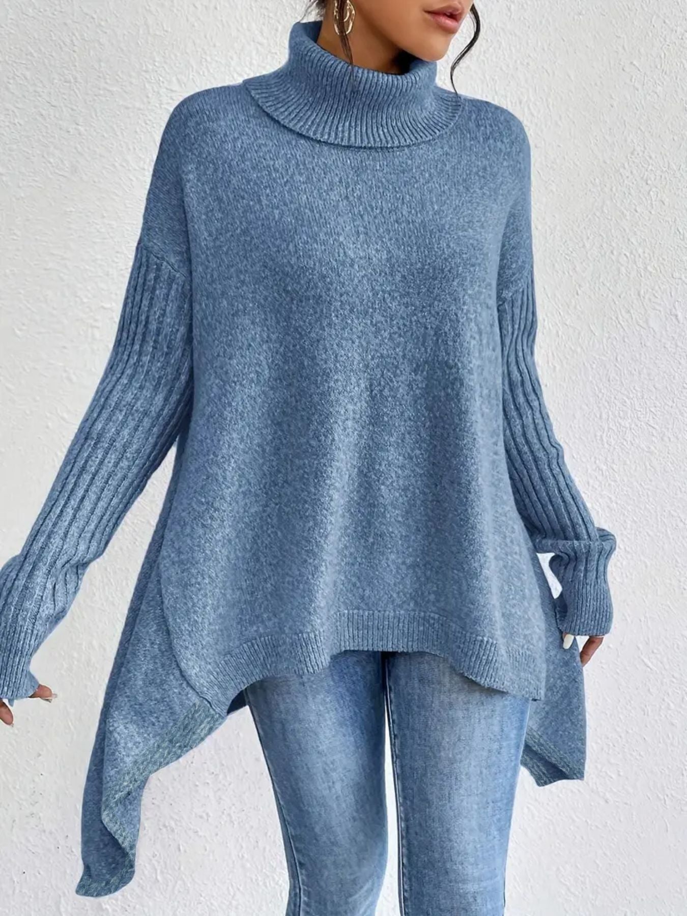 Irregular Turtleneck Sweater Winter Loose Long Sleeve Knitted Tops Leisure Warm Pullover Sweater Women's Clothing