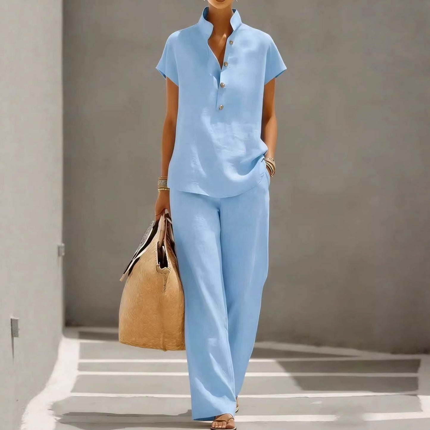 Casual Lazy-Style Cardigan Short-Sleeve Pants Solid-Color Set
