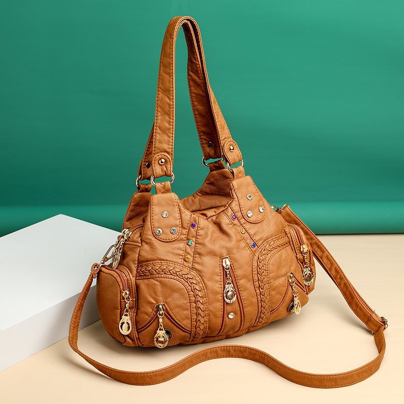 Washed Mother Bag with Rivets and Diamond Details