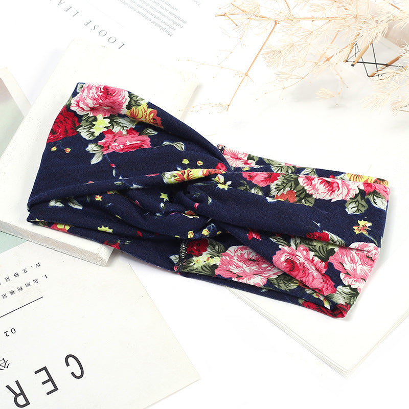 Sweat-absorbent And Anti-perspirant Bundled Headband With Wide-brimmed Print Headband
