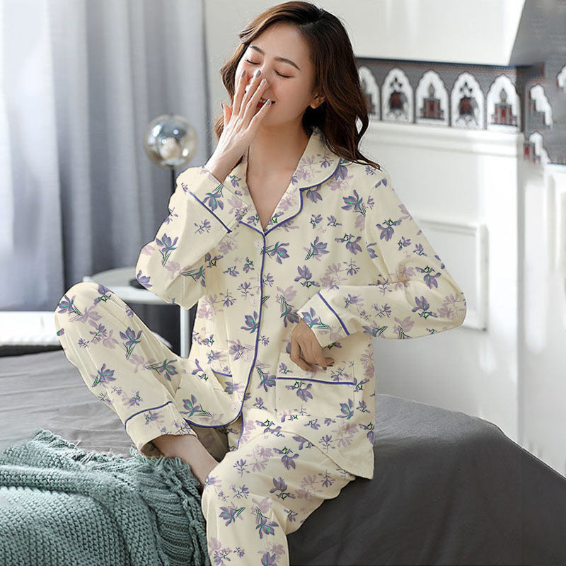 Elegant Women's Autumn And Winter Cotton-like Long Pajamas Two-piece Set
