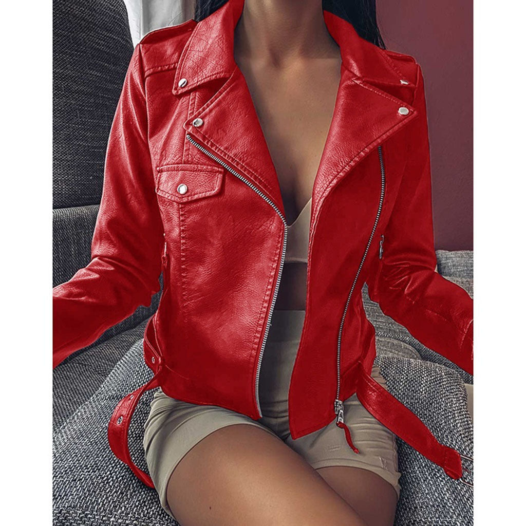 Plus Size Women's PU Leather Motorcycle Jacket - Slim Fit Winter Coat with Zibeline Fabric (Red/Blue/Yellow/Black, S-5XL)