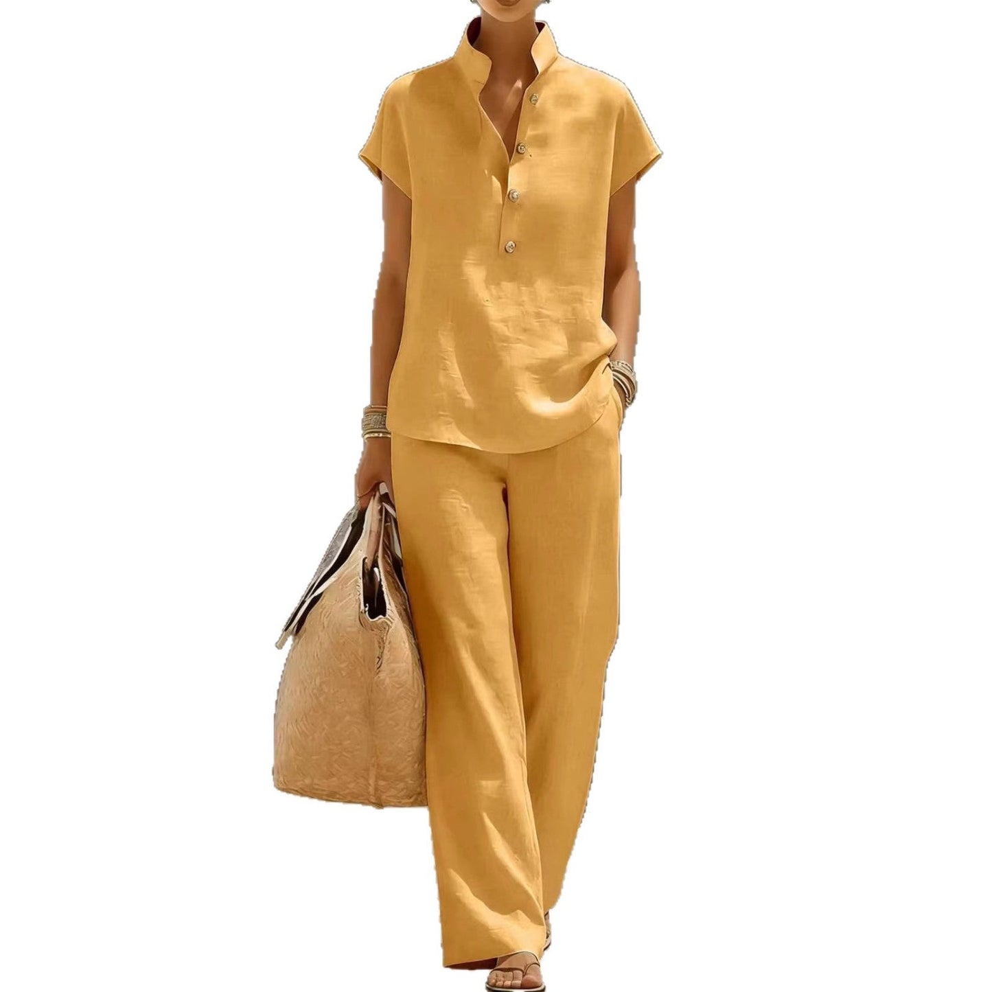 Casual Lazy-Style Cardigan Short-Sleeve Pants Solid-Color Set