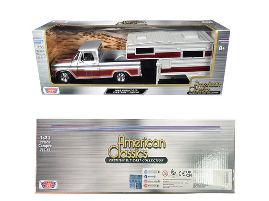 1966 Chevrolet C10 Fleetside Pickup Truck Silver Metallic with Brown Sides with Camper Shell "American Classics" Series 1/24 Diecast Model Car by Motormax