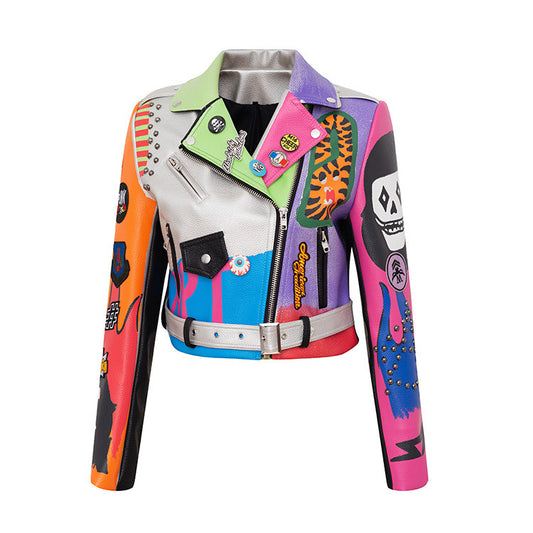 Punk Style Graffiti Printed Motorcycle Jacket for Women - Faux Leather Biker Coat with Beads & Rivets (Silver, S-XXXL)