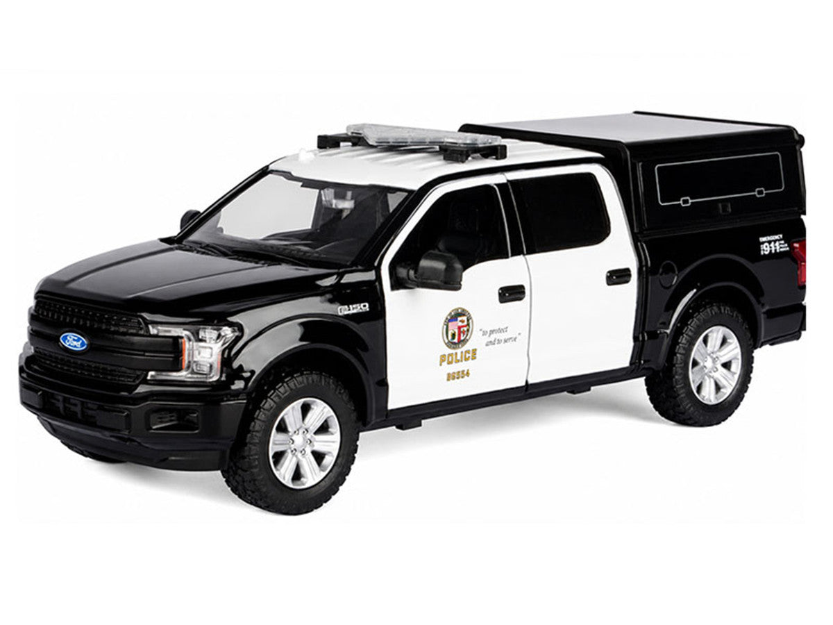 2019 Ford F-150 Lariat Crew Cab Pickup Truck with Camper "Los Angeles Police Department" Black and White "Law Enforcement and Public Service" Series 1/24-1/27 Diecast Model Car by Motormax