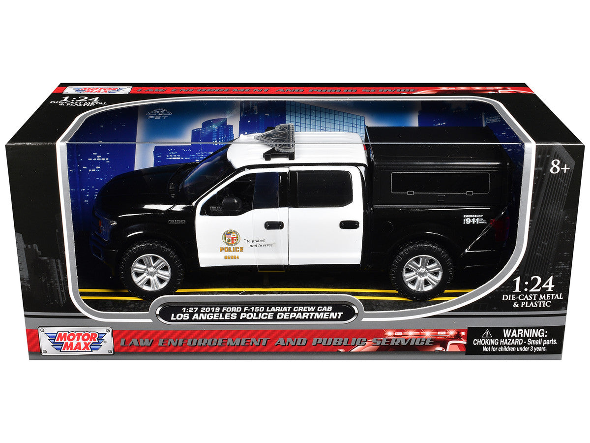 2019 Ford F-150 Lariat Crew Cab Pickup Truck with Camper "Los Angeles Police Department" Black and White "Law Enforcement and Public Service" Series 1/24-1/27 Diecast Model Car by Motormax