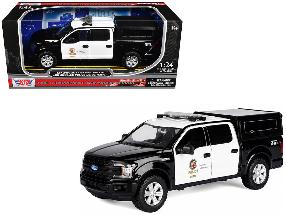 2019 Ford F-150 Lariat Crew Cab Pickup Truck with Camper "Los Angeles Police Department" Black and White "Law Enforcement and Public Service" Series 1/24-1/27 Diecast Model Car by Motormax