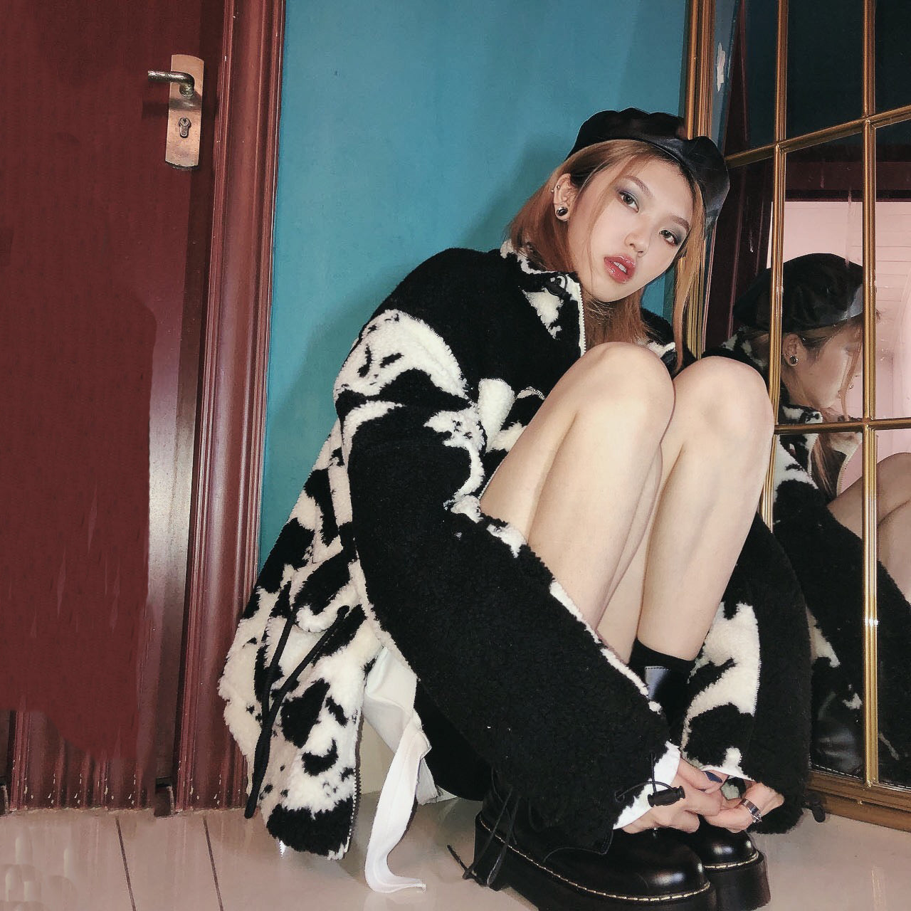 Oversized Cow Print Plush Cotton Jacket for All