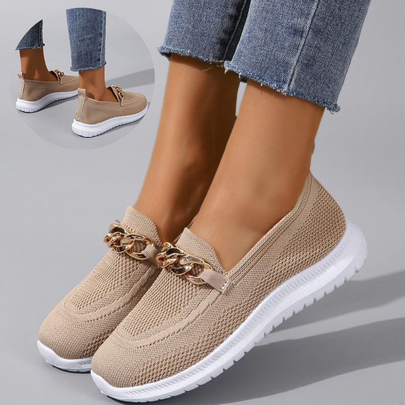 Women's Mesh Sports Walking Shoes - Breathable Flyknit Athletic Shoes with Medium Heel (3-5cm) in Apricot/White/Black (Sizes 36-42)