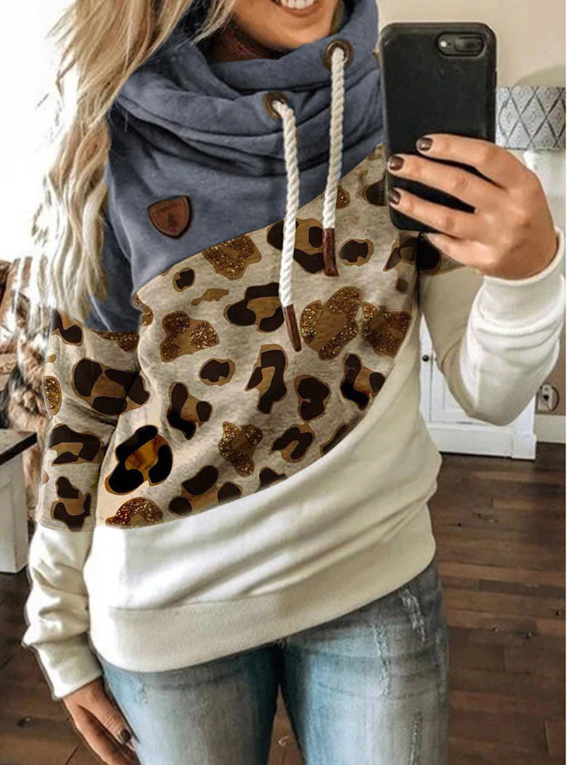 Printed stitching hooded fleece loose sweatshirt