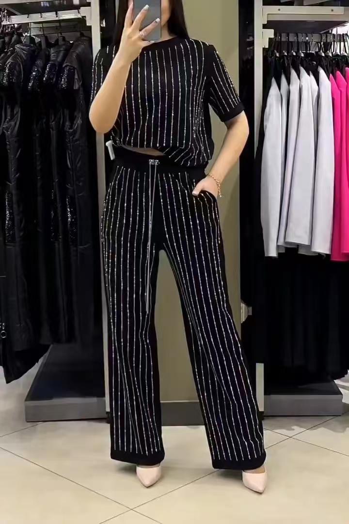 Vertical Striped Rhinestone Top Two-piece Set