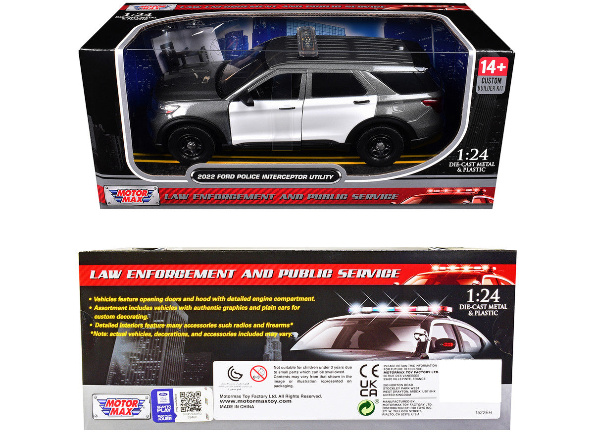 2022 Ford Police Interceptor Utility Gray Metallic with White Doors "Builder's Kit" with Flashing Light Bar and Front and Rear Lights and Sounds 1/24 Diecast Model Car by Motormax