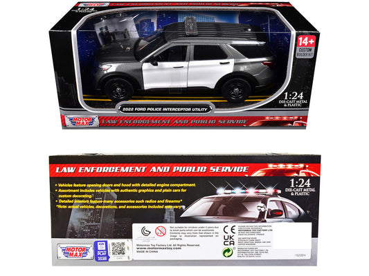 2022 Ford Police Interceptor Utility Gray Metallic with White Doors "Builder's Kit" with Flashing Light Bar and Front and Rear Lights and Sounds 1/24 Diecast Model Car by Motormax