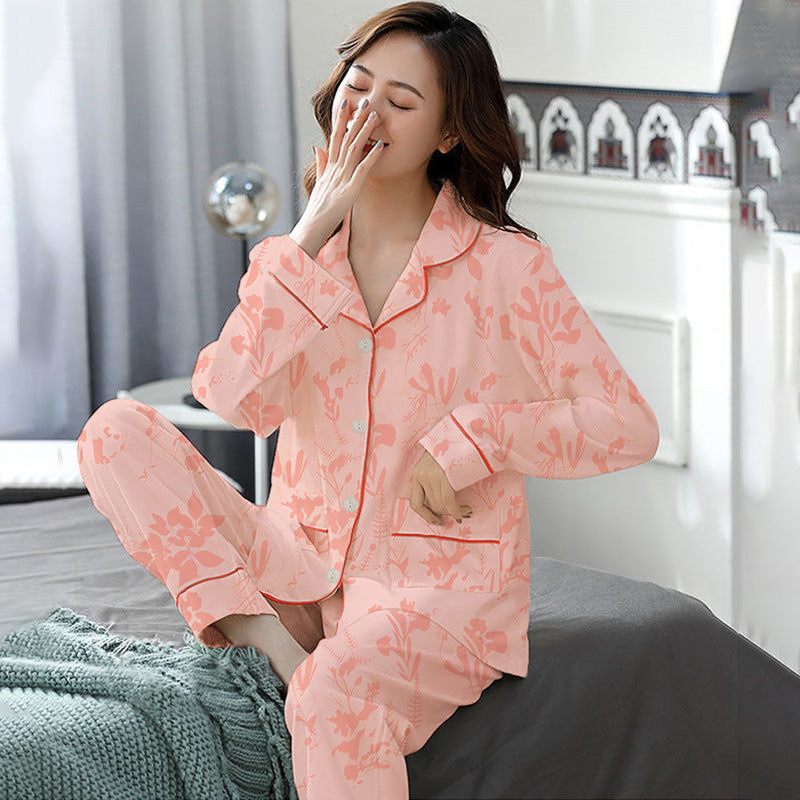 Elegant Women's Autumn And Winter Cotton-like Long Pajamas Two-piece Set