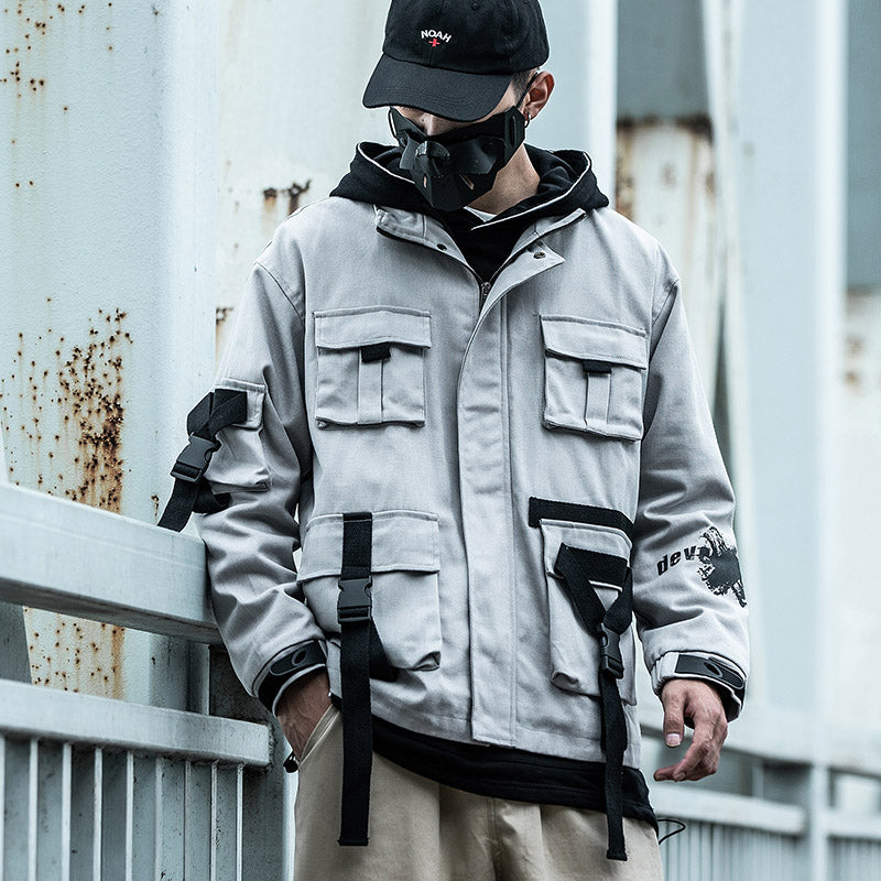Graffiti Print Multi-Pocket Work Jacket with Ribbon Collar