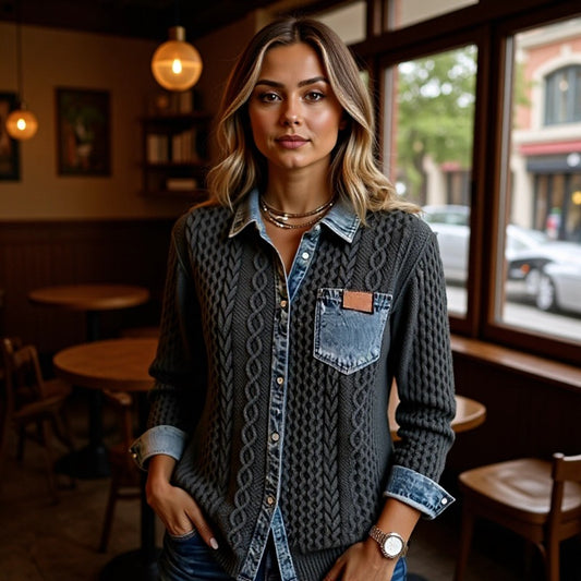 Women's Fashion Knit-and-jean Patchwork Shirt For Fall And Winter