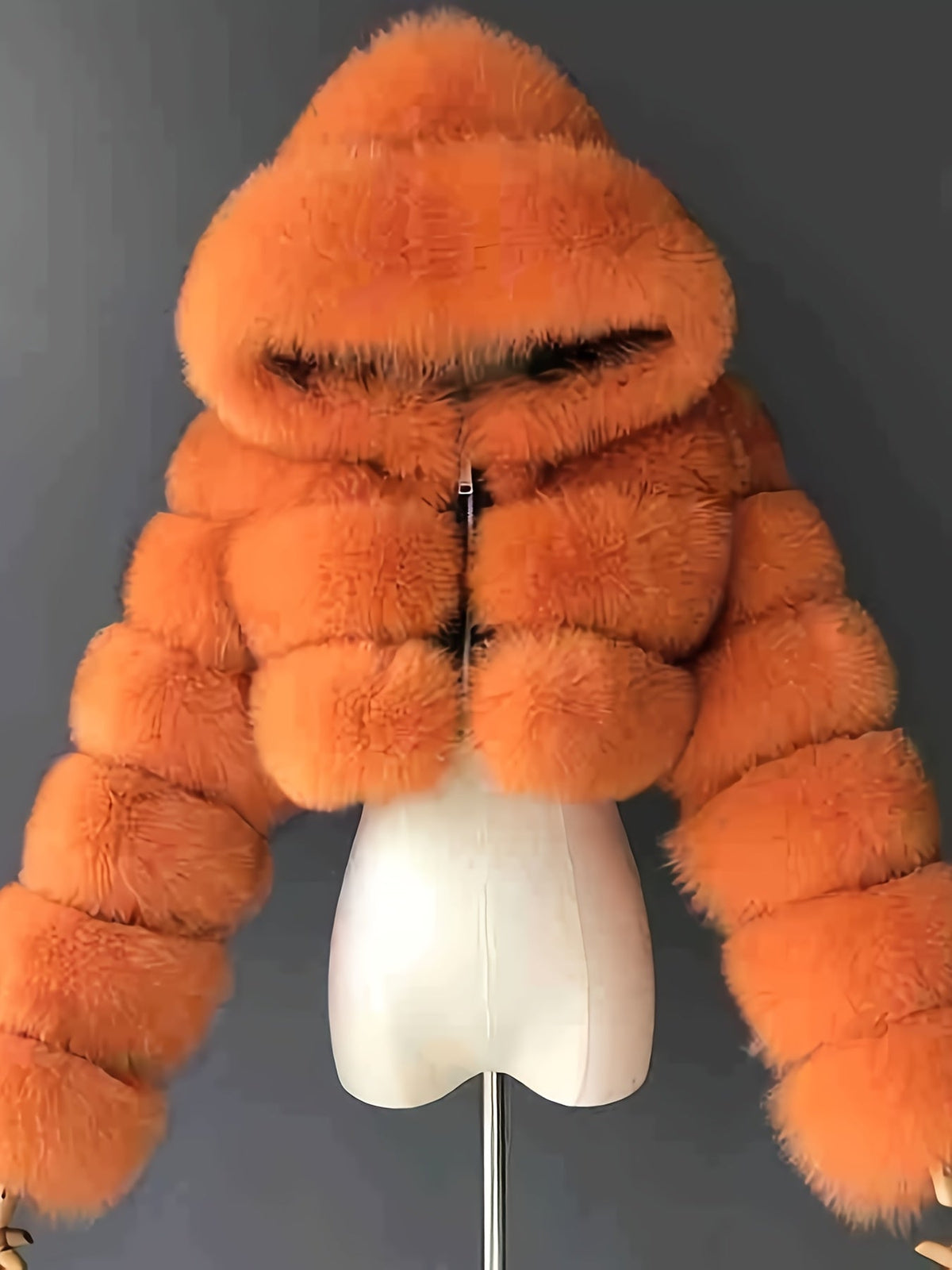 Short Hooded Faux Fur Long Sleeve Coat