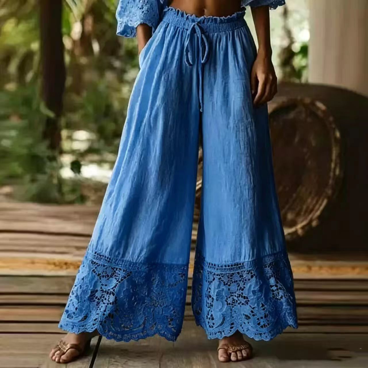 Fashionable Solid-Colored Lace-Trimmed Womens Pants