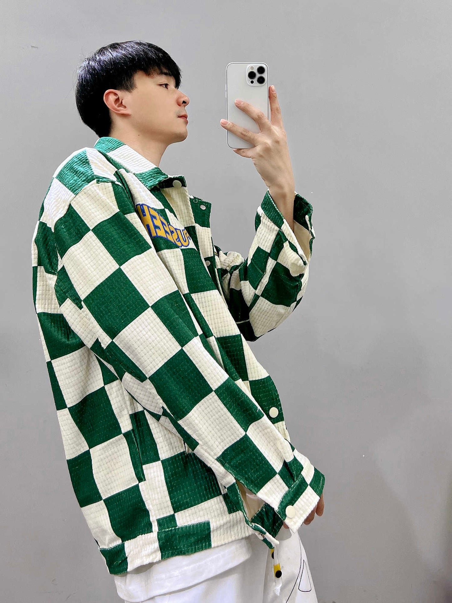 Retro Green Plaid Lapel Jacket - Loose Fit Printed Polyester Casual Coat