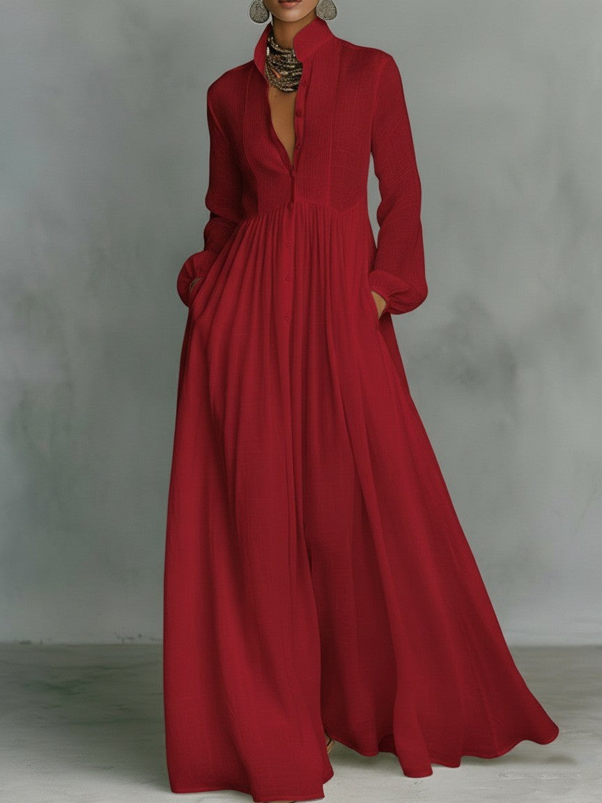 Elegant Stand Collar Button Down Maxi Dress - Long Sleeve Pleated Flowy Gown With Pockets