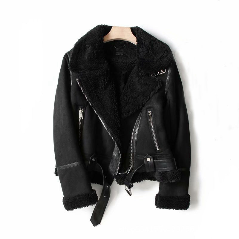 Women's Winter Suede Motorcycle Jacket - Lamb Wool Lined Lapel Coat in Black & Khaki