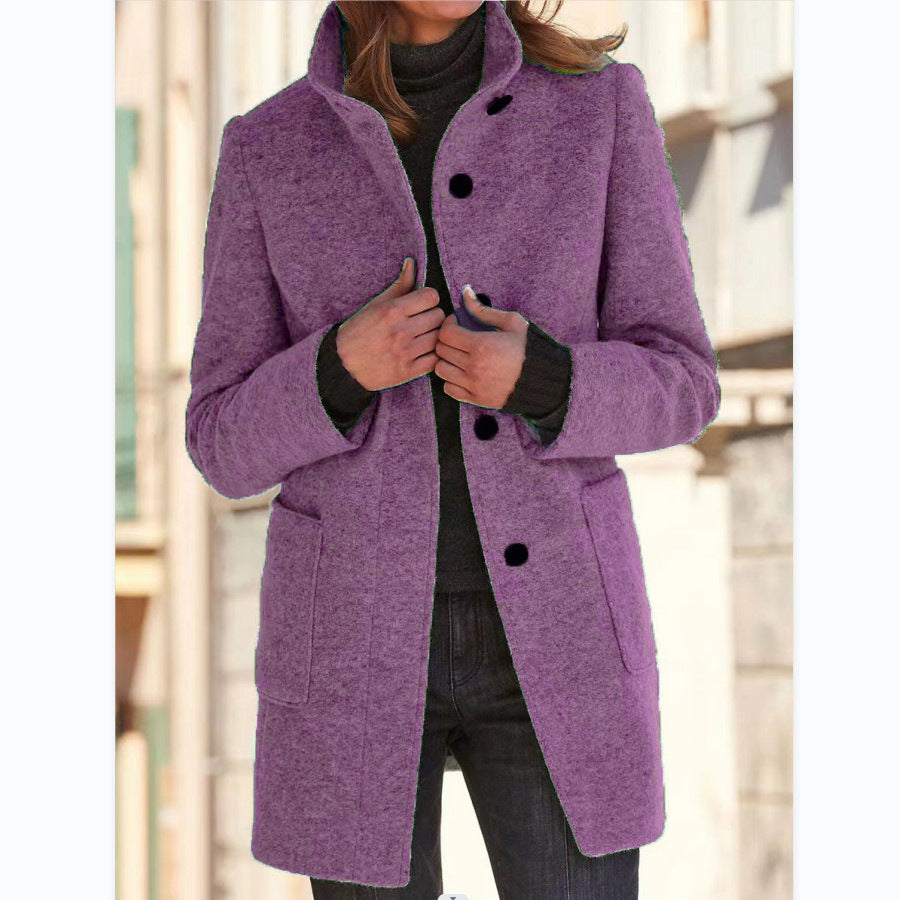 New Retro Solid Color Buttoned Turtleneck Wool Coat