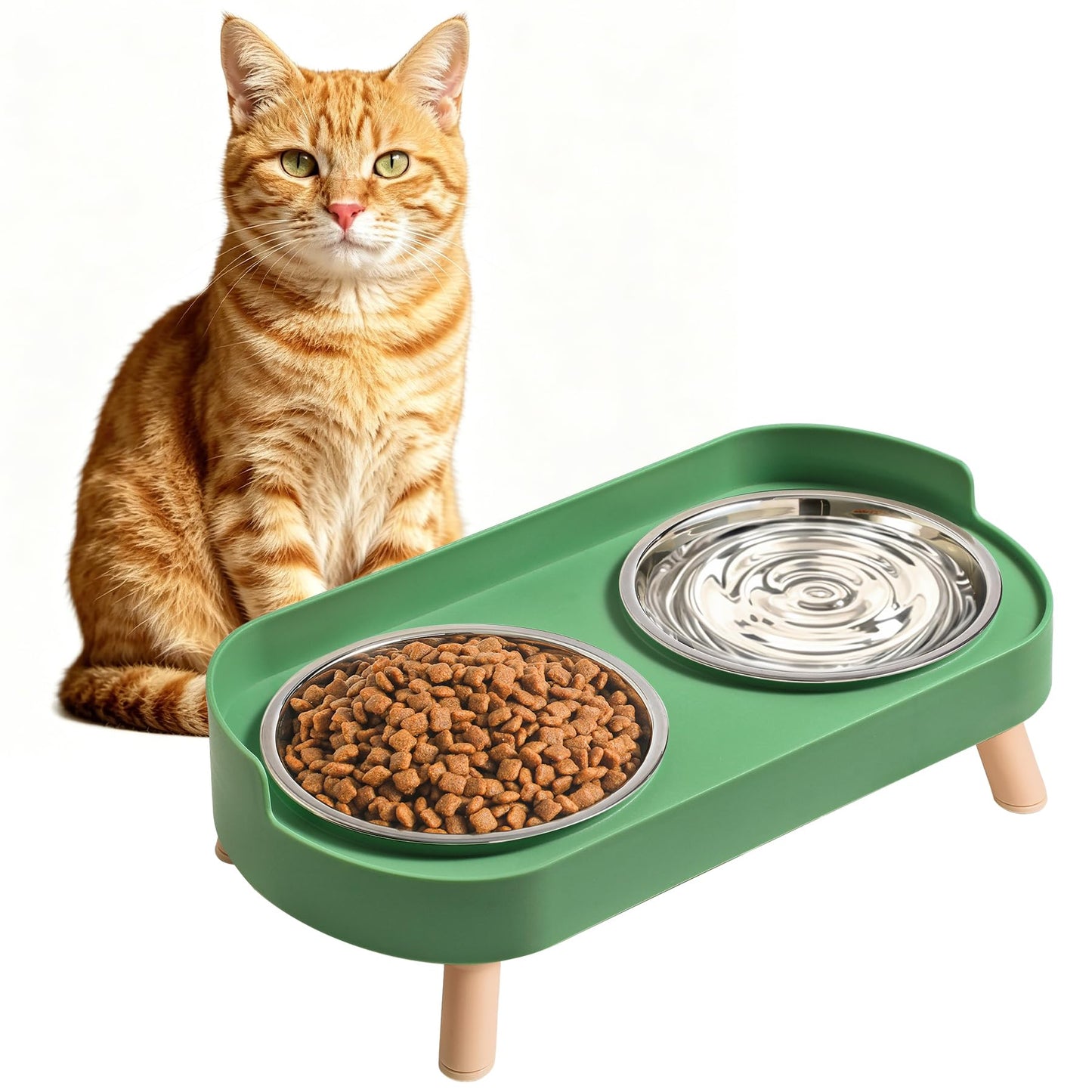 Elevated Cat Bowls Set - Raised Cat Food And Water Bowl Set With Non Slip Stand - Pet Feeding Station With 2 Stainless Steel Bowls