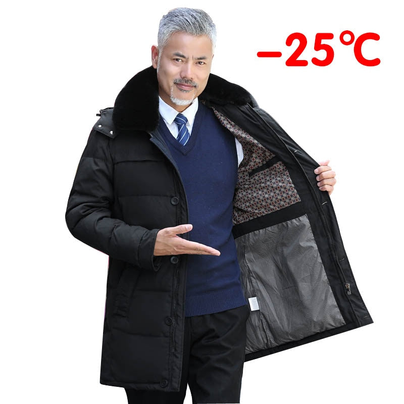 Men's Mid-Length Down Jacket with Removable Hood