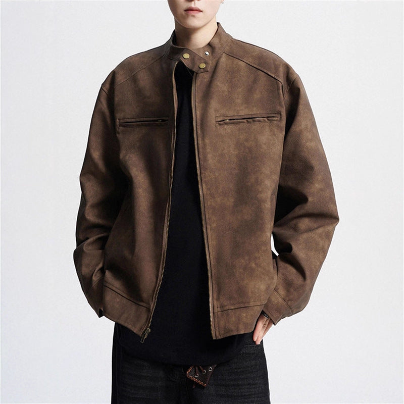 Vintage Brown Motorcycle Leather Autumn Merard Stand-up Collar Distressed Coat