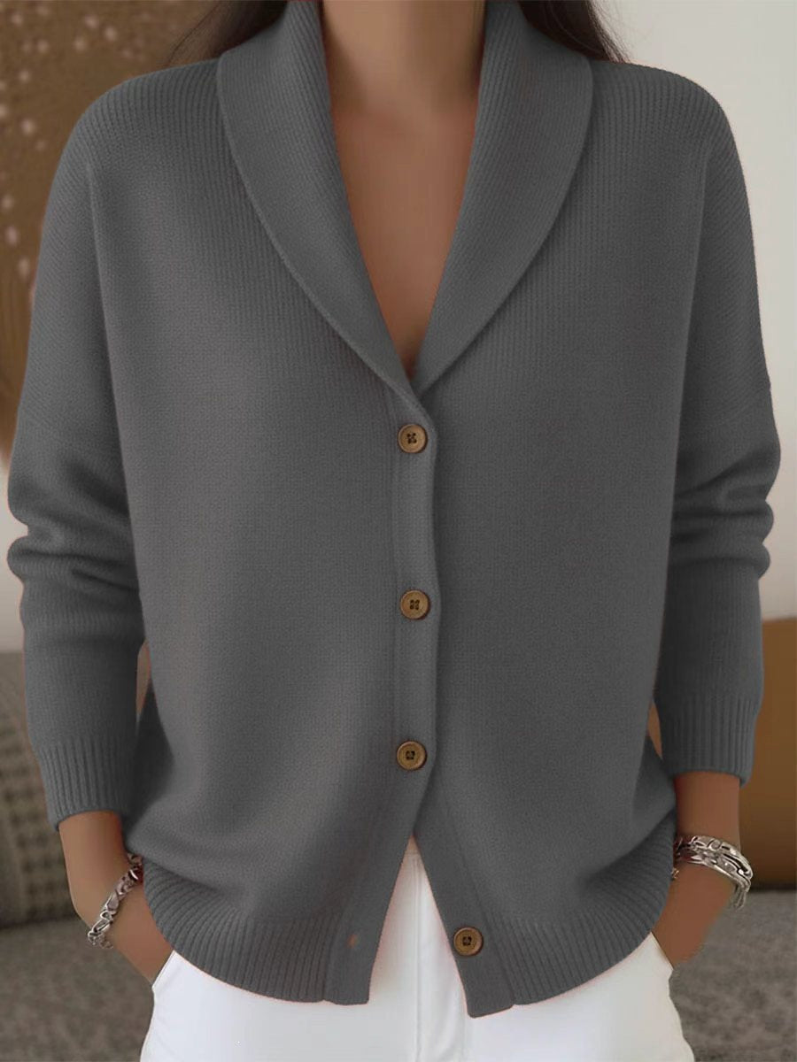 Womens Knitted Cardigan Loose-Fit Lazy Style Soft And Cozy Notch Lapel Solid Color Long-Sleeve Sweater